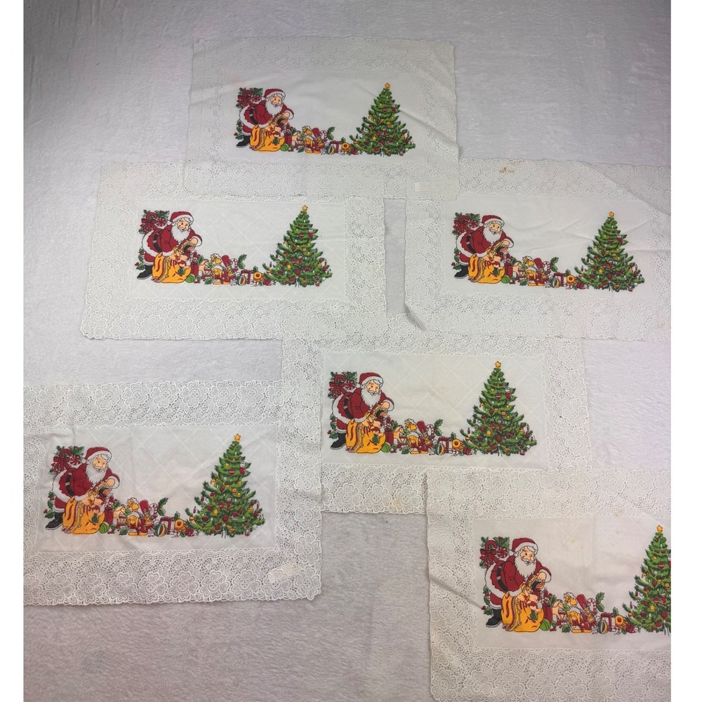 Vintage 1987 McCrory Corp Christmas Placemats Set of 6 Santa Lace Border White